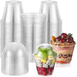 50 Sets 9 oz Clear Dessert Cups with Dome Lids No Hole for Parfait Fruit Cake